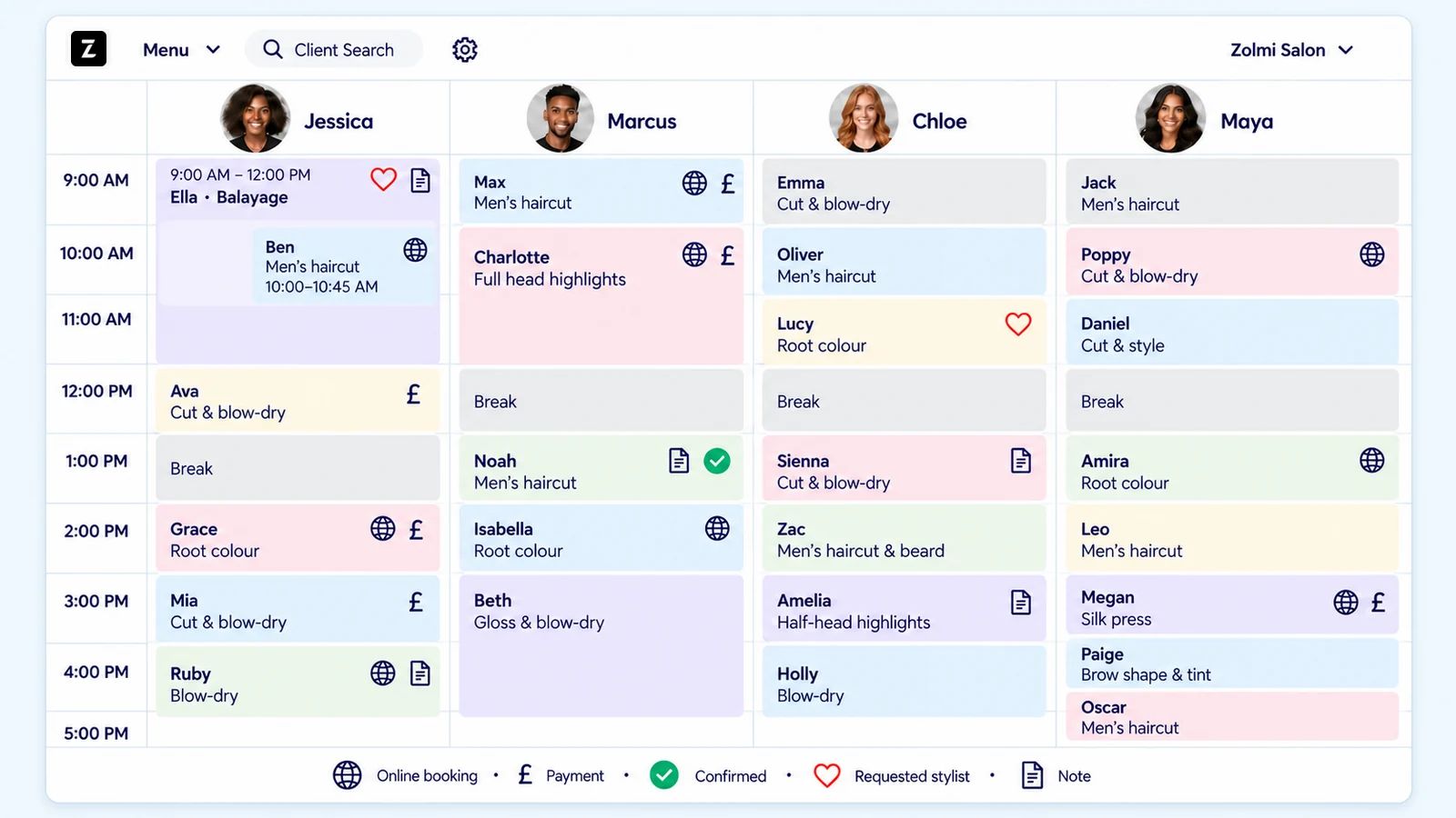 Colour-coded salon calendar showing appointments across several staff members.