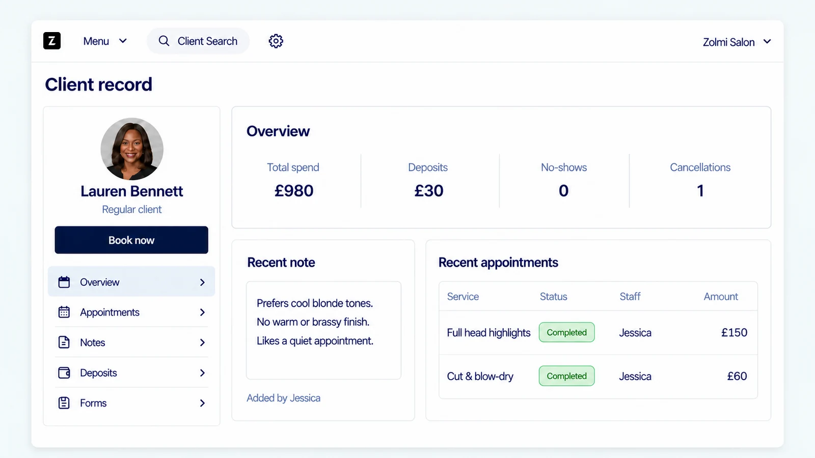Salon client record showing appointment history, notes, and client overview.