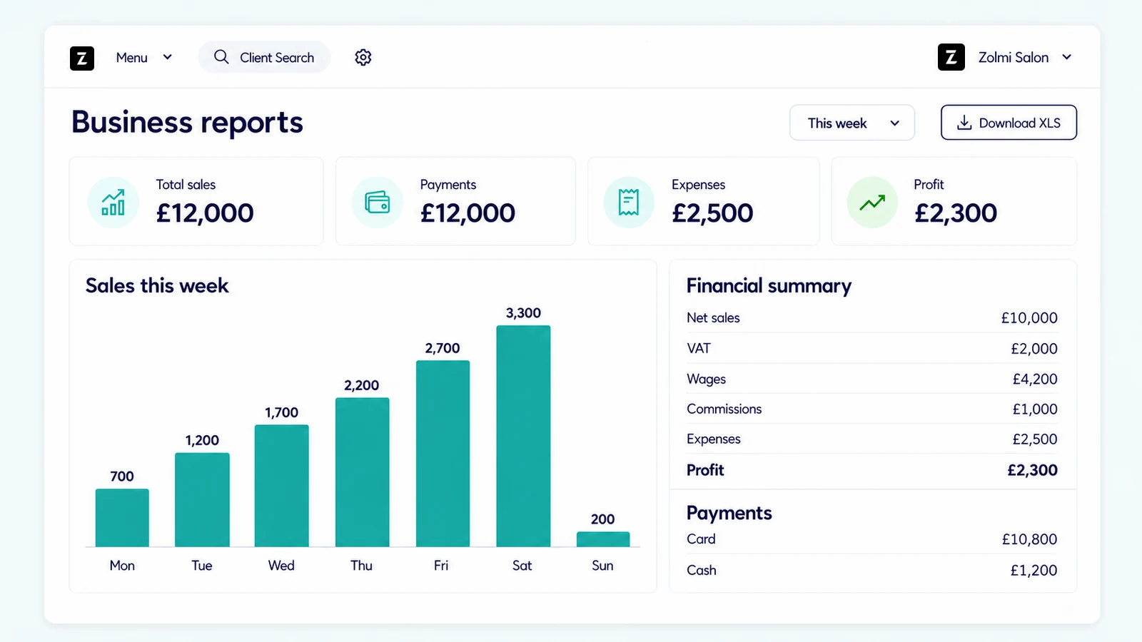 Salon business report showing revenue, payments, profit, and monthly figures in GBP.