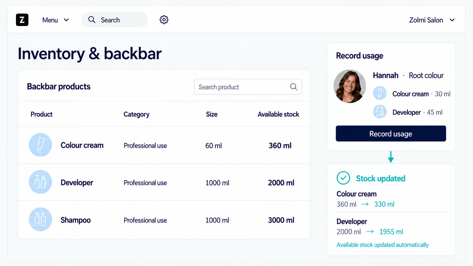 Salon inventory list showing backbar products, available stock, and recent product use.