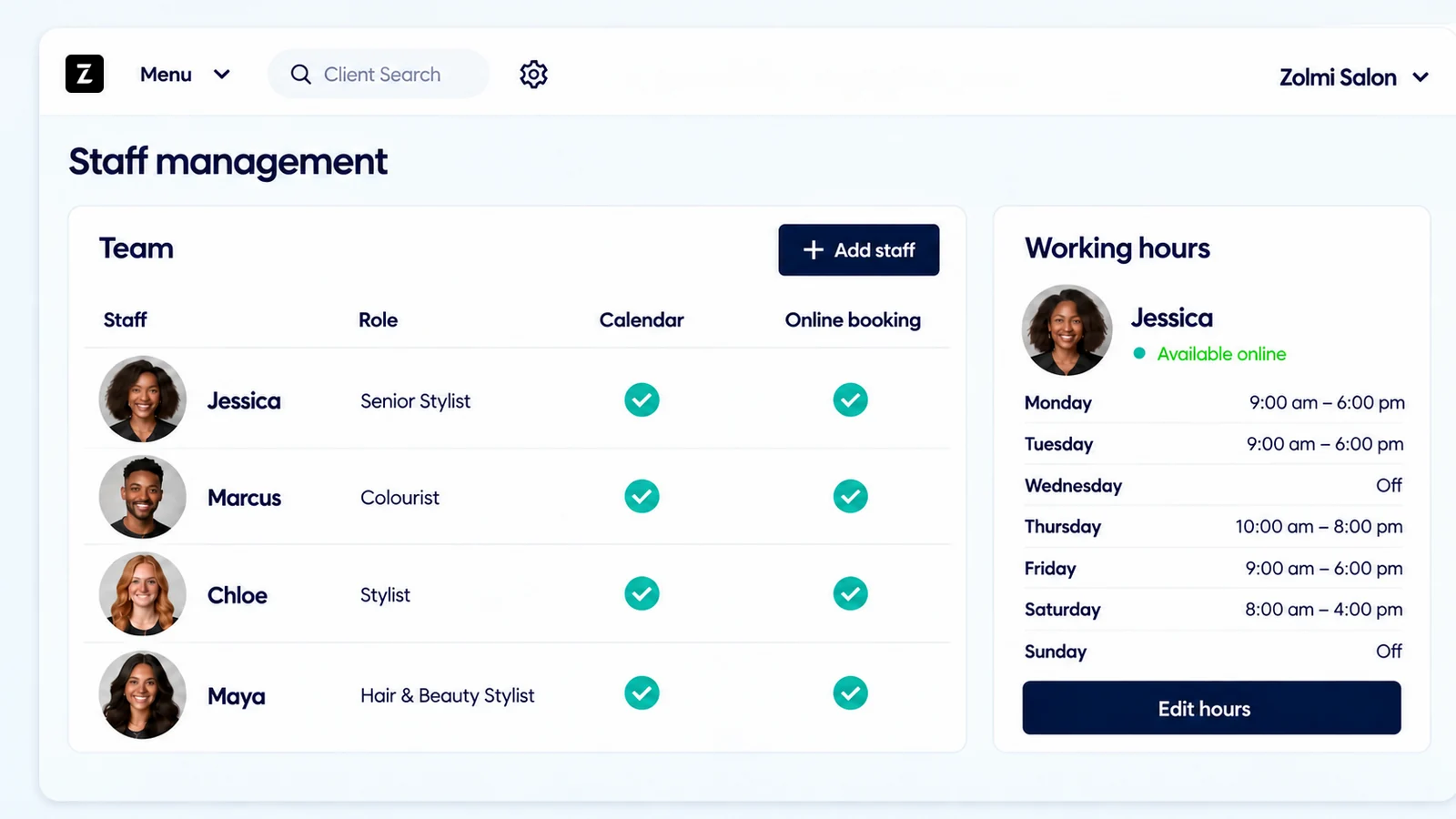 Salon staff management screen showing team roles, booking permissions, and working hours.