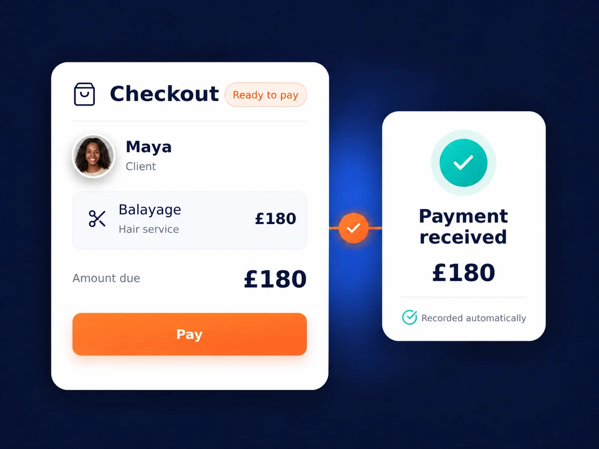 Zolmi salon checkout showing a £180 balayage service and payment received.
