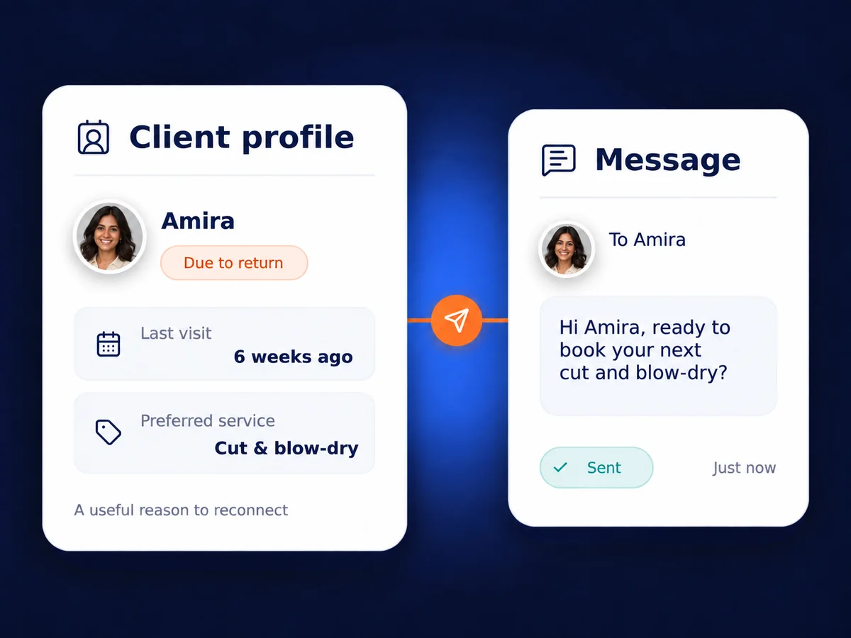 Salon client profile linked to a personalised message to book the next cut-and-blow-dry appointment.