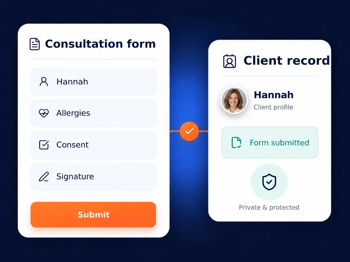 Digital salon consultation form with allergies, consent, and signature linked to a client record.